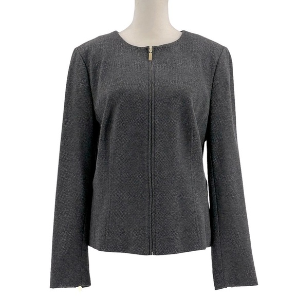 Talbots Gray Tweed Zipper Front Collarless Peplum Back Blazer Jacket Size 14 - Picture 1 of 5
